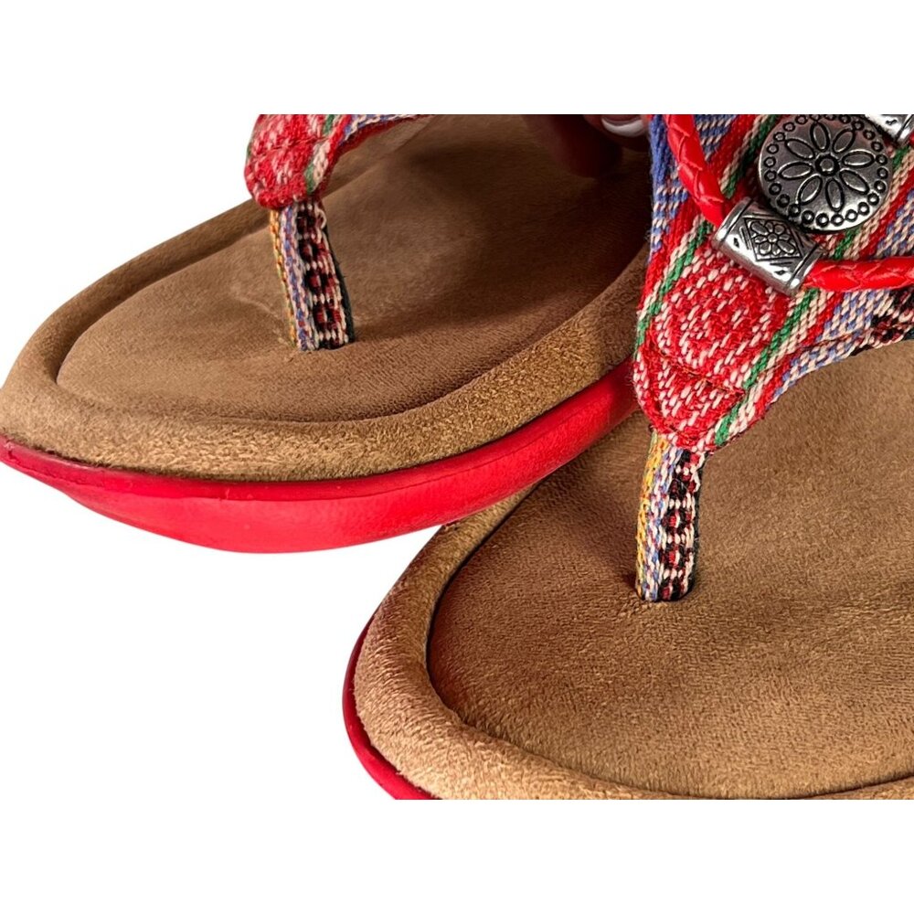 Minnetonka Red Leather Beaded Sandals Flip Flops Thongs 7M Womens Wedge Heel - Picture 10 of 12